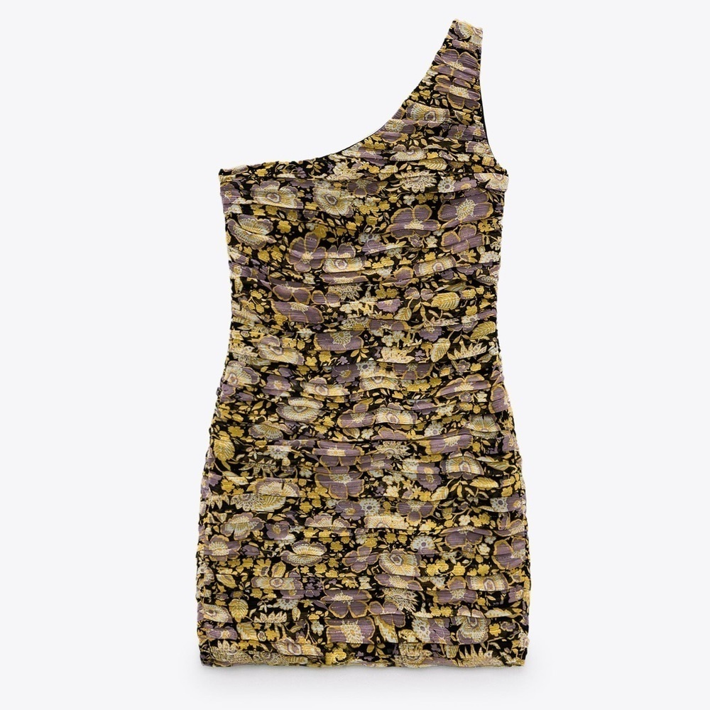 NWT Zara Floral Ruched One Shoulder Mini Cocktail Dress Sz XS
